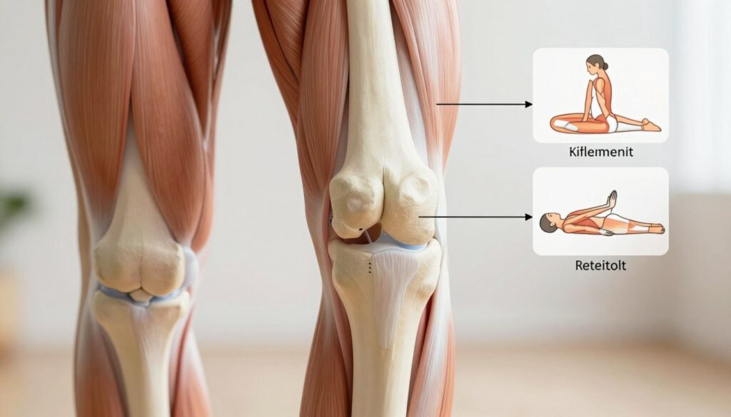A close-up view of a human knee joint anatomy, showcasing the knee joint's structures, such as ligaments, tendons, and muscles, emphasizing the area typically associated with stiffness and discomfort. The foreground features a detailed anatomical illustration, highlighting the bony landmarks and soft tissues around the knee, displayed with a smooth, light color palette to ensure clarity. The middle ground includes diagrams with annotations illustrating safe stretching techniques for alleviating discomfort, using arrows to indicate movement. The background is softly blurred to keep focus on the knee joint while conveying an atmosphere of calmness and healing. The lighting is bright and even, enhancing visibility of the intricate details, depicted in a professional style, suitable for an educational article.