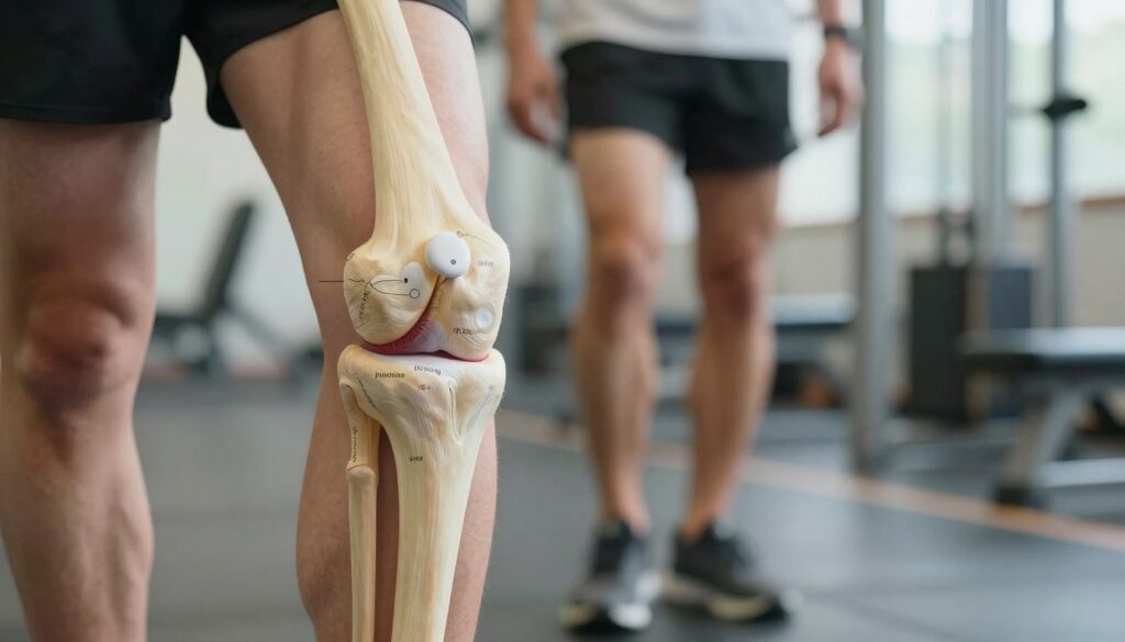 A close-up view of a human knee joint, showcasing detailed anatomical features such as ligaments, tendons, and cartilage. The foreground highlights a healthy knee, with anatomical labels subtly integrated, demonstrating what a proper knee structure should look like. In the middle ground, a blurred image of a runner in modest athletic clothing is visible, illustrating common activities that can lead to knee strain. The background features a soft-focus gym setting with exercise equipment, suggesting rehabilitation and recovery. The lighting is bright and even, emphasizing clarity and understanding, while the mood is educational and informative. The overall composition invites viewers to learn more about knee health and injury prevention. A close-up view of a human knee joint, showcasing detailed anatomical features such as ligaments, tendons, and cartilage. The foreground highlights a healthy knee, with anatomical labels subtly integrated, demonstrating what a proper knee structure should look like. In the middle ground, a blurred image of a runner in modest athletic clothing is visible, illustrating common activities that can lead to knee strain. The background features a soft-focus gym setting with exercise equipment, suggesting rehabilitation and recovery. The lighting is bright and even, emphasizing clarity and understanding, while the mood is educational and informative. The overall composition invites viewers to learn more about knee health and injury prevention.