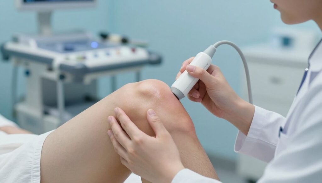 A close-up view of a human knee, showcasing medical treatment for fluid retention. The knee is slightly swollen, with a soft, natural skin tone. In the foreground, a healthcare professional, dressed in a clean white lab coat, is gently examining the knee with an ultrasound device, emphasizing a clinical setting. The background features a blurred hospital environment with medical equipment and soothing blue tones, creating a calm and reassuring atmosphere. Soft lighting highlights the professional interaction, while a slight focus blur emphasizes the knee's condition, adding depth to the image. The overall mood is serious yet hopeful, capturing a moment of medical evaluation and care.
