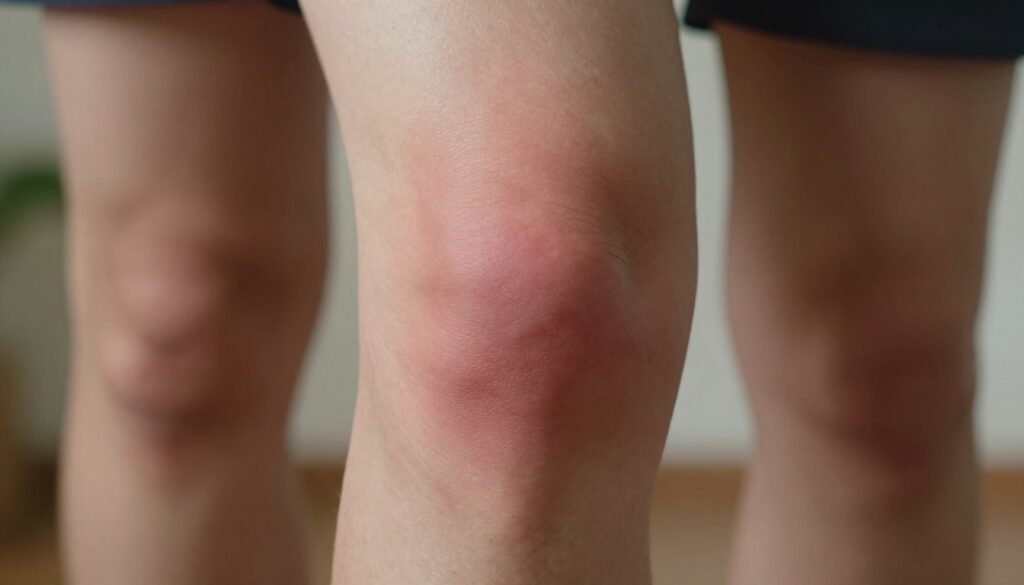 A close-up view of a human knee with a noticeable, swollen lump surrounding the patellar area, illustrating a medical condition. The focus is on an enlarged, reddened, and firm mass, capturing details of skin texture and subtle variations in color. The knee is positioned at a slight angle, ensuring visibility of surrounding tissues. The background is softly blurred to emphasize the knee, providing a sterile and clinical atmosphere. Natural lighting casts gentle shadows, enhancing the contours of the swollen area. The overall mood is serious and informative, aiming to convey the importance of recognizing unusual symptoms around the knee joint for health awareness.