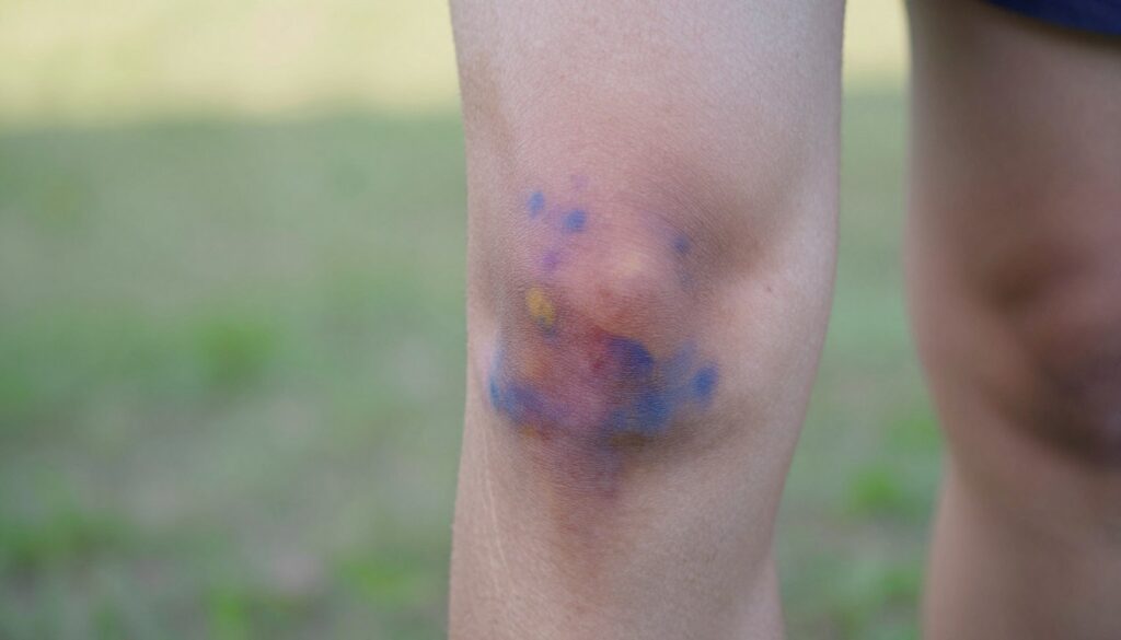 A close-up view of a human knee with a visible bruise, showcasing varying shades of purple, blue, and yellow to illustrate the bruising caused by an impact. The knee should be depicted in a natural environment, with a soft focus background that includes hints of grass to suggest an outdoor setting, indicating the possibility of a fall or injury during activity. The lighting should be soft and natural, mimicking early morning or late afternoon, casting gentle shadows that add depth. The image should evoke a sense of concern and curiosity about the healing process, emphasizing the bruised area and surrounding skin texture, without showing any additional human figures. A close-up view of a human knee with a visible bruise, showcasing varying shades of purple, blue, and yellow to illustrate the bruising caused by an impact. The knee should be depicted in a natural environment, with a soft focus background that includes hints of grass to suggest an outdoor setting, indicating the possibility of a fall or injury during activity. The lighting should be soft and natural, mimicking early morning or late afternoon, casting gentle shadows that add depth. The image should evoke a sense of concern and curiosity about the healing process, emphasizing the bruised area and surrounding skin texture, without showing any additional human figures.