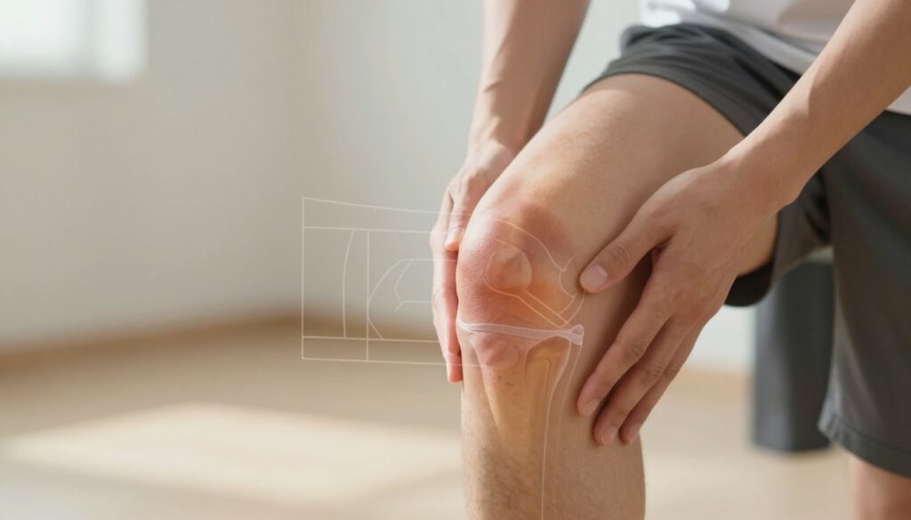 A close-up view of a knee joint exhibiting signs of a sprain, highlighting swelling, discoloration, and bruising. In the foreground, the knee is positioned at an angle that shows the lateral view, focusing on the affected area. A hand gently touches the knee to demonstrate care, with the person dressed in modest athletic wear for context. In the middle, a faint outline of a graphical overlay indicating ligament structures and potential injury areas, softly blended into the image. The background is softly blurred to emphasize the knee, with natural lighting casting soft shadows and giving an inviting, informative atmosphere. The overall mood should be clinical yet approachable, suitable for educational purposes on knee injuries.