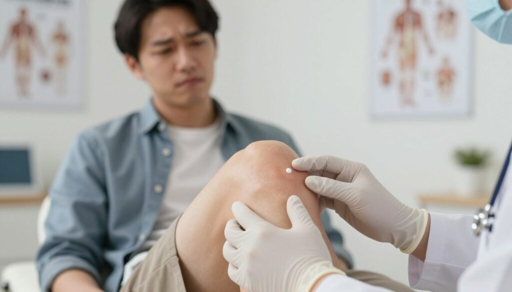 A close-up view of a knee joint undergoing examination post-hyaluronic acid injection. In the foreground, a doctor's hand, wearing a professional white glove, gently touches the knee, showcasing the area of injection. The middle ground features a partially visible patient in business casual clothing, showing a contemplative expression, with a slight wince indicating residual discomfort. The background is softly blurred, revealing a clean, well-lit medical office with anatomical posters on the walls. The lighting is warm and inviting, emphasizing a mood of healing and care. The perspective is slightly angled, highlighting both the knee and the doctor's attentive gesture while ensuring a professional atmosphere without any visible text or distractions.