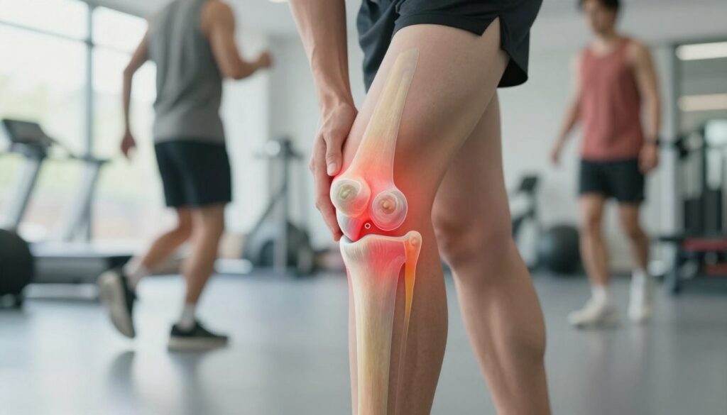 A close-up view of a knee joint with an emphasis on the patellar tendon, illustrating the concept of "jumper's knee" or tendinopathy. The foreground features a detailed anatomical diagram of the knee, highlighting inflammation and stress points with subtle color coding (red areas to indicate pain or damage). The middle ground includes a semi-transparent overlay of active individuals in athletic wear engaging in various sports, such as running or jumping, to depict movement and risk factors. In the background, a blurred gym setting with soft, natural lighting creates an inviting atmosphere. Use a moderate depth of field to keep the focus on the knee anatomy while maintaining context. The overall mood is informative and clinical, suitable for educational purposes.