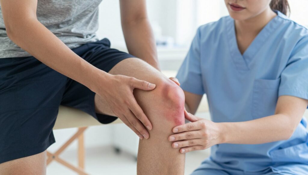 A close-up view of a knee undergoing evaluation, highlighting a swollen, injured knee joint indicative of a sprain. In the foreground, show a person wearing modest athletic wear, gently touching their knee, demonstrating concern. The middle ground features a physical therapist, dressed in professional attire, examining the injured knee with a supportive expression. In the background, a bright, clinical environment with medical equipment subtly visible creates an atmosphere of care and professionalism. Soft, natural lighting highlights the knee's details, capturing the swelling and potential bruising around it. The angle is slightly elevated, giving a clear view of the knee while maintaining focus on the interaction between the therapist and athlete.