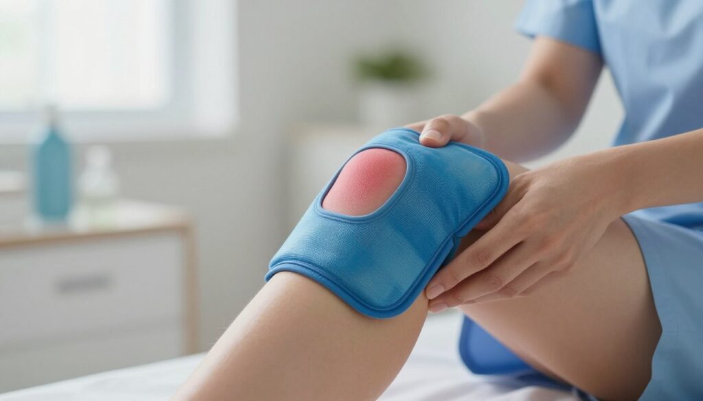 A close-up view of a knee with a cold compress applied to reduce swelling, set in a softly lit environment. The knee is wrapped in a blue gel ice pack, while the skin shows slight redness indicating the area of injury. The background features a blurred medical office, with a hint of a healthcare professional's hand (dressed in a professional attire) gently adjusting the ice pack. Bright, natural light filters in from a nearby window, creating a calm and healing atmosphere. The focus on the knee and compress conveys a sense of relief and care, while the subtle details in the background enhance the context without distraction. The overall mood is soothing and caring, embodying the theme of effective treatment for knee pain and injury. A close-up view of a knee with a cold compress applied to reduce swelling, set in a softly lit environment. The knee is wrapped in a blue gel ice pack, while the skin shows slight redness indicating the area of injury. The background features a blurred medical office, with a hint of a healthcare professional's hand (dressed in a professional attire) gently adjusting the ice pack. Bright, natural light filters in from a nearby window, creating a calm and healing atmosphere. The focus on the knee and compress conveys a sense of relief and care, while the subtle details in the background enhance the context without distraction. The overall mood is soothing and caring, embodying the theme of effective treatment for knee pain and injury.