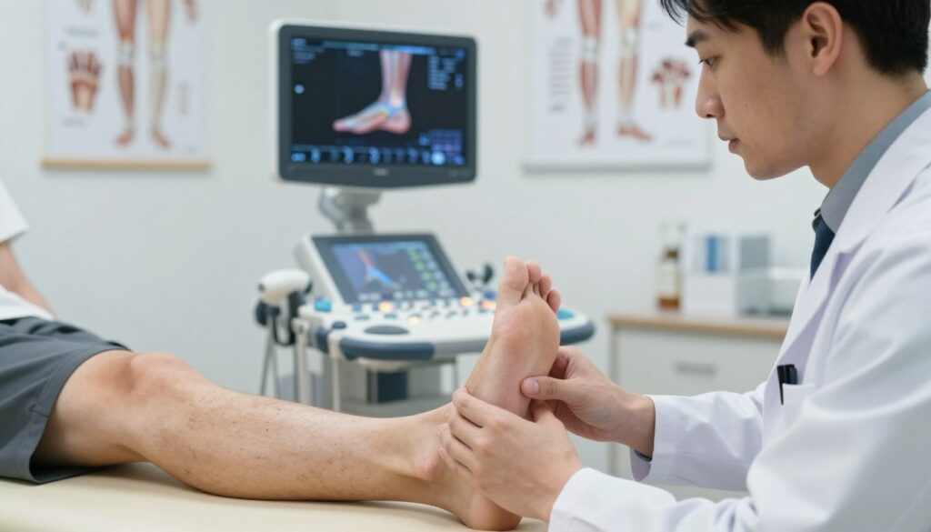 A close-up view of a medical examination illustrating the diagnosis of an Achilles tendon rupture. In the foreground, a doctor in a white lab coat is gently palpating the back of a patient's ankle, who is wearing a simple, modest athletic outfit. The doctor's focused expression conveys professionalism and expertise. The middle ground features high-tech diagnostic tools, such as an ultrasound machine displaying images of the ankle's anatomy on its screen. The background includes a well-lit medical office with anatomical posters of the human leg and foot, creating a clinical atmosphere. The lighting is soft yet bright, highlighting the tension in the examination without being harsh, evoking a sense of careful assessment and diagnosis.
