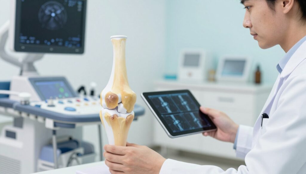A close-up view of a medical professional, wearing a white lab coat, examining an anatomical model of a human knee joint surrounded by advanced imaging equipment like MRI and ultrasound machines. In the foreground, the knee model is prominently displayed, showing signs of effusion with slight swelling and fluid accumulation. In the middle ground, the medical professional uses a tablet to analyze diagnostic images, with a thoughtful expression. The background features a well-lit, modern clinic with bright colors and clean lines, evoking a sense of clinical precision. The lighting is soft but bright, emphasizing the medical setting's professionalism. The atmosphere is calm and focused, suitable for a serious discussion about knee diagnostics.
