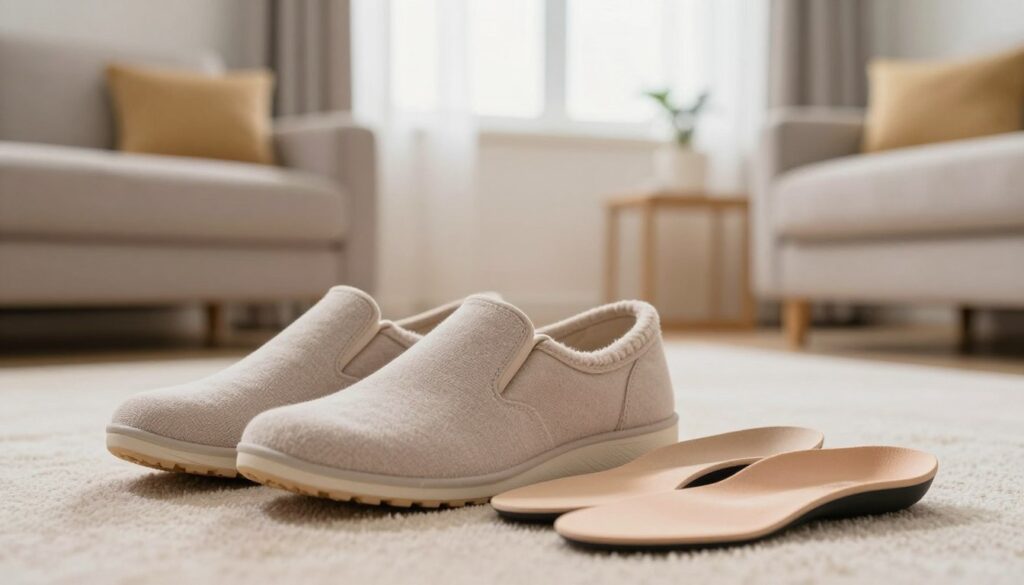 A close-up view of a pair of comfortable, supportive shoes designed for foot pain relief, prominently displayed in the foreground on a soft surface. Next to the shoes, there are custom orthotic insoles, showcasing their unique contours that provide arch support. In the middle ground, a cozy home environment is depicted, with a softly lit living room setting that invites relaxation. A subtle backdrop includes calming colors and plush furniture to create a soothing atmosphere. Natural light filters through a window, adding warmth to the scene. The overall mood is peaceful and reassuring, emphasizing comfort and care for sore feet. No people are present in the image, focusing solely on the footwear and insoles. A close-up view of a pair of comfortable, supportive shoes designed for foot pain relief, prominently displayed in the foreground on a soft surface. Next to the shoes, there are custom orthotic insoles, showcasing their unique contours that provide arch support. In the middle ground, a cozy home environment is depicted, with a softly lit living room setting that invites relaxation. A subtle backdrop includes calming colors and plush furniture to create a soothing atmosphere. Natural light filters through a window, adding warmth to the scene. The overall mood is peaceful and reassuring, emphasizing comfort and care for sore feet. No people are present in the image, focusing solely on the footwear and insoles.