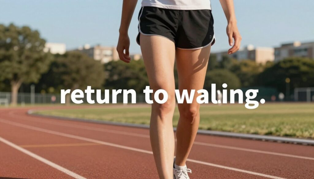 A close-up view of a person in professional athletic attire, demonstrating a confident and determined walking posture on a running track, symbolizing the concept of "return to walking." The foreground features the person's focused expression and well-defined calf muscles, emphasizing strength and resilience. In the middle ground, a faint outline of an urban park is visible, with trees and soft grass, enhancing the sense of outdoor activity and rehabilitation. The background includes a clear blue sky, suggesting a bright, hopeful day. The lighting is warm and natural, casting gentle shadows that highlight the person's physique. The mood is empowering and motivating, capturing the essence of recovery and preventative measures for Achilles tendon health. A close-up view of a person in professional athletic attire, demonstrating a confident and determined walking posture on a running track, symbolizing the concept of "return to walking." The foreground features the person's focused expression and well-defined calf muscles, emphasizing strength and resilience. In the middle ground, a faint outline of an urban park is visible, with trees and soft grass, enhancing the sense of outdoor activity and rehabilitation. The background includes a clear blue sky, suggesting a bright, hopeful day. The lighting is warm and natural, casting gentle shadows that highlight the person's physique. The mood is empowering and motivating, capturing the essence of recovery and preventative measures for Achilles tendon health.
