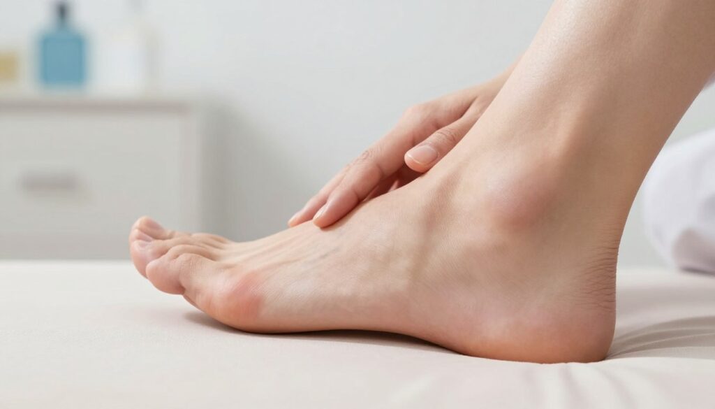 A close-up view of a person's foot being assessed for symptoms of pain. The foreground features a well-groomed foot on a soft, neutral-colored surface, displaying signs of potential discomfort with slight swelling around the arch. In the middle ground, include a hand gently probing various areas of the foot, showcasing professional attention. The background should consist of a softly lit clinical setting with minimal medical equipment, evoking a serene atmosphere emphasizing self-care before seeking medical advice. Use soft, natural lighting to create a calm and informative mood. The composition should be focused and clear, capturing the essence of self-assessment in a non-distracting manner.