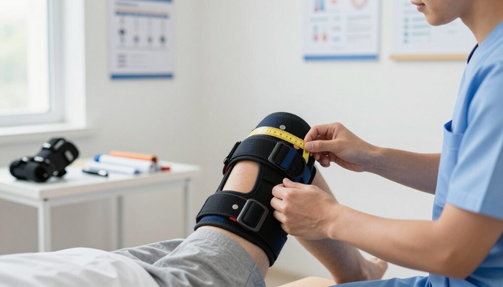 A close-up view of a physical therapist preparing a knee brace for a patient in a well-lit clinic. In the foreground, a person in professional attire is adjusting the brace, demonstrating careful measurement and fitting techniques. The middle ground shows detailed equipment, including various sizes of knee braces and supportive materials. The background features a bright, welcoming clinic environment with medical charts on the wall and natural light filtering through a window. The overall mood is calm and focused, emphasizing the importance of proper preparation and fitting of the knee brace. The image should have soft lighting to enhance the clarity of the details and convey a sense of professionalism.