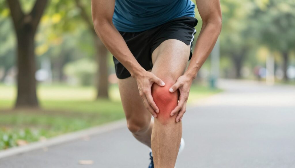 A close-up view of a runner experiencing knee pain, depicted in a dynamic outdoor setting. The runner, dressed in modest athletic attire, is in mid-stride, showcasing a pained expression on their face as they adjust their leg. The focus is on the knee area to highlight the typical symptoms of "runner's knee." In the background, a park path is visible, edged with trees and soft natural light filtering through the leaves. The atmosphere conveys a sense of struggle but determination. The framing uses a slightly low angle to emphasize the runner's movement while capturing both the physical exertion and the discomfort associated with the condition. The image should be well-lit, enhancing the details of the runner's posture and the surrounding environment. A close-up view of a runner experiencing knee pain, depicted in a dynamic outdoor setting. The runner, dressed in modest athletic attire, is in mid-stride, showcasing a pained expression on their face as they adjust their leg. The focus is on the knee area to highlight the typical symptoms of "runner's knee." In the background, a park path is visible, edged with trees and soft natural light filtering through the leaves. The atmosphere conveys a sense of struggle but determination. The framing uses a slightly low angle to emphasize the runner's movement while capturing both the physical exertion and the discomfort associated with the condition. The image should be well-lit, enhancing the details of the runner's posture and the surrounding environment.