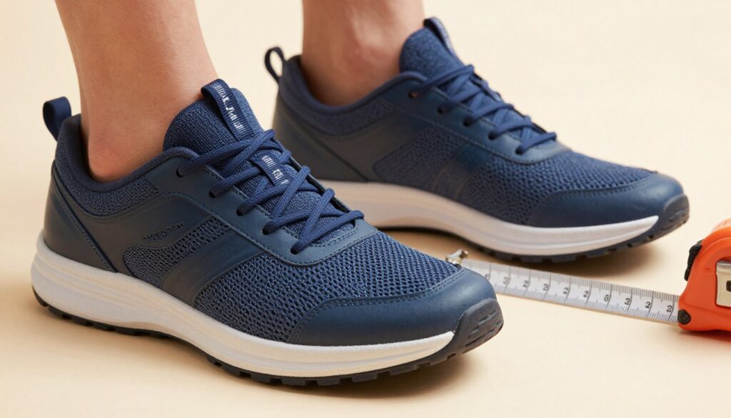 A close-up view of a stylish pair of athletic shoes designed for flat feet, displayed against a soft, neutral background. The shoes should be shown in a way that highlights their fit and design features, emphasizing comfort and support. The foreground features a detailed view of the shoe's cushioning, arch support, and breathable materials. In the middle ground, the shoes are positioned next to a measuring tape, symbolizing proper sizing and fit. The lighting is bright and even, creating a professional look that showcases the shoe's details clearly. The mood is informative and supportive, ideal for illustrating the importance of correct shoe fitting for walking.