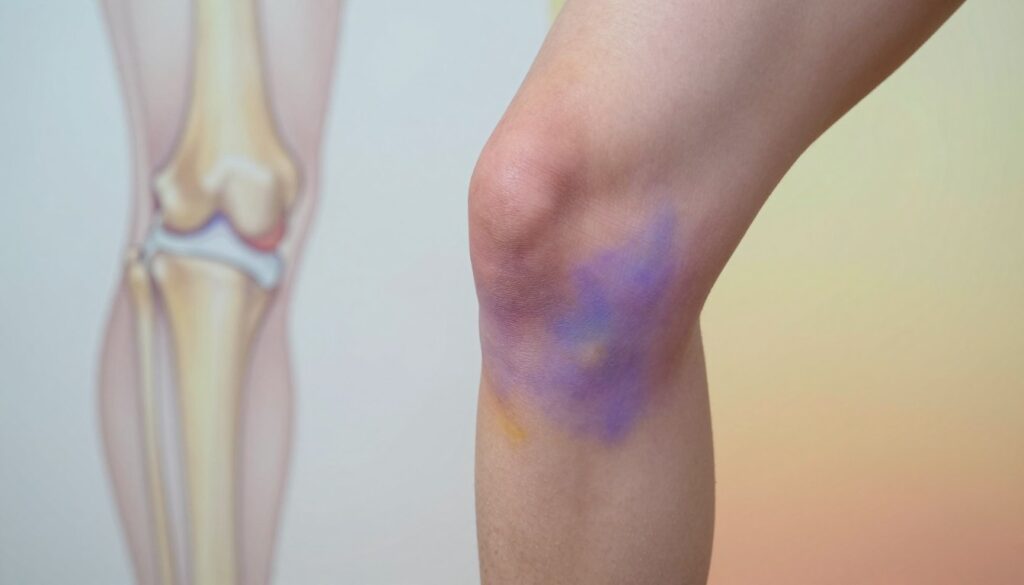 A close-up view of a swollen knee to illustrate the effects of a bruise after impact. In the foreground, the knee, slightly bent, shows noticeable swelling with a pale blue hue, surrounded by shades of purple and yellow representing a bruise. The skin texture is detailed, highlighting the transition between swollen areas and the unaffected skin. The middle ground features a blurred medical diagram of the knee joint, subtly indicating anatomy to provide context. The background is a soft gradient of warm colors, evoking a calming atmosphere. Natural lighting enhances the knee's contours, giving it a realistic appearance. The angle is slightly above eye level, capturing the knee's details while maintaining a clinical yet empathetic mood. A close-up view of a swollen knee to illustrate the effects of a bruise after impact. In the foreground, the knee, slightly bent, shows noticeable swelling with a pale blue hue, surrounded by shades of purple and yellow representing a bruise. The skin texture is detailed, highlighting the transition between swollen areas and the unaffected skin. The middle ground features a blurred medical diagram of the knee joint, subtly indicating anatomy to provide context. The background is a soft gradient of warm colors, evoking a calming atmosphere. Natural lighting enhances the knee's contours, giving it a realistic appearance. The angle is slightly above eye level, capturing the knee's details while maintaining a clinical yet empathetic mood.
