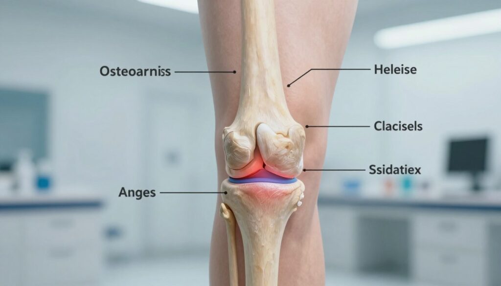 A close-up view of an anatomical diagram showing the degenerative changes in the human knee joint. The foreground features a detailed illustration of the knee joint, highlighting osteoarthritis and swelling, with emphasis on cartilage degradation and bone spurs. The middle layer shows an overlay of age-related changes in the joint, displaying medical annotations in a professional style. The background is a softly blurred clinical setting, suggestive of a healthcare environment, with neutral lighting that brings focus to the knee joint. The atmosphere is informative and clinical, suitable for educational purposes, with a cool color palette to evoke a sense of professionalism and care, viewed from a slightly elevated angle to enhance the visual impact.