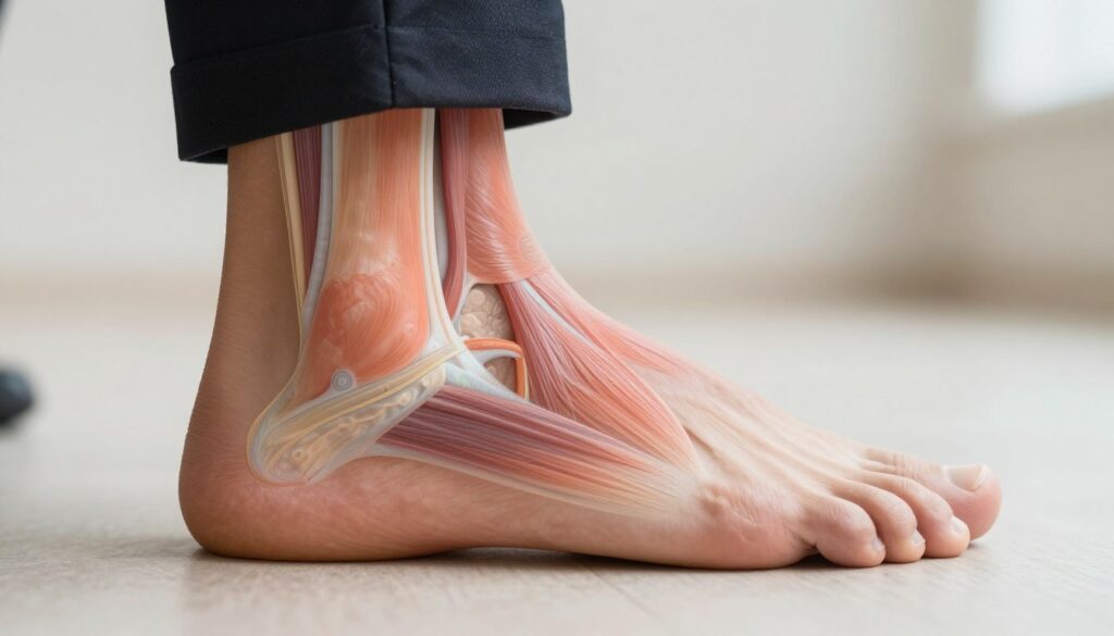 A close-up view of the plantar fascia, showing the intricate details of the connective tissue and muscles of the foot's sole. The foreground features a human foot in a professional business attire or modest casual clothing, with the plantar fascia highlighted through a translucent overlay or anatomical illustration. In the middle ground, a subtle gradient of colors illustrates potential inflammation and stress in the tissues, emphasizing common causes of foot pain. The background softly fades to a neutral tone, creating a clinical and informative atmosphere. The lighting is bright and focused on the foot, highlighting the textures and layers of the anatomy, while the overall mood remains educational and engaging.