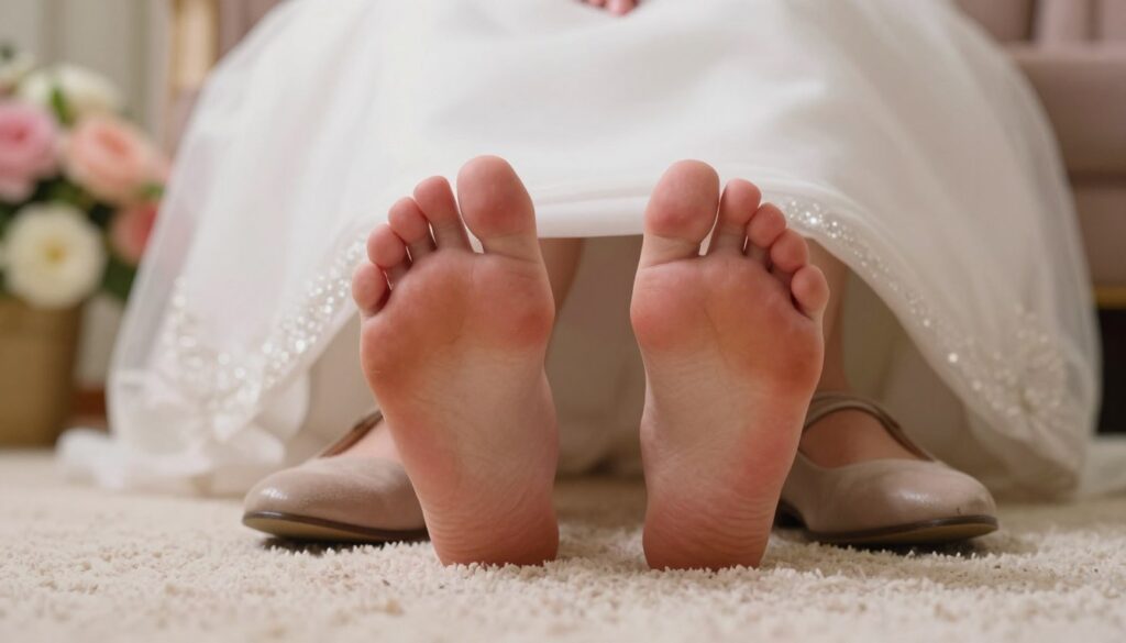 A close-up view of tired, aching feet resting on a plush rug, showcasing swollen and red foot pads after a long wedding day. The foreground captures a pair of feet in comfortable, casual shoes, slightly elevated to emphasize discomfort. In the middle ground, soft, warm lighting creates a cozy atmosphere, highlighting the subtle textures of the shoes and the rug. In the background, blurred wedding décor can be seen, hinting at a celebration, with pastel colors that evoke a sense of joy and fatigue. The overall mood suggests a contrast between the festive occasion and the physical toll it has taken on the person's feet, creating a relatable and empathetic visual narrative.