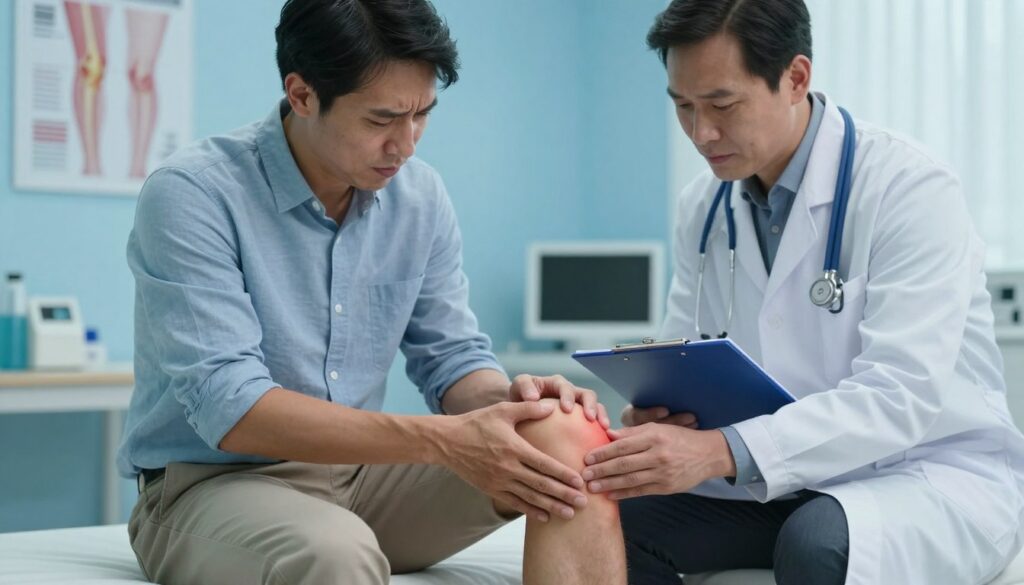 A concerned individual sits in a medical clinic, displaying a visibly swollen knee, with a slight grimace indicating discomfort. The foreground shows the person wearing professional casual attire, such as a collared shirt and comfortable pants, while they softly touch their knee, portraying an uneasy expression. In the middle ground, a doctor in a white coat leans in with an empathetic expression, examining the knee while holding a clipboard, signifying the importance of a medical consultation. The background features medical equipment, a poster about knee injuries, and calming blue walls that enhance the clinical environment. Soft, diffused lighting casts a reassuring glow, creating an atmosphere of care and urgency. The composition is slightly angled to draw the viewer's eye toward the interaction between the individual and the doctor, emphasizing the theme of seeking medical advice after a knee injury.