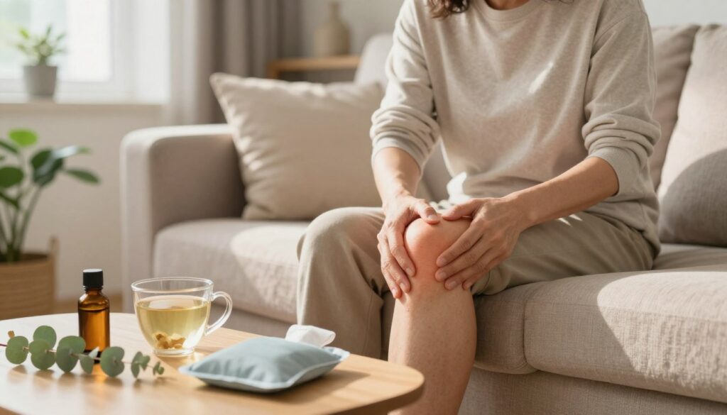 A cozy living room scene focused on a person applying a warm compress to their knee, seated comfortably on a soft, neutral-colored couch. In the foreground, show a small table with herbal remedies like eucalyptus oil, ginger tea, and a heat pack. The middle ground captures the individual, a middle-aged person in modest casual attire, demonstrating a caring and relaxed demeanor. Natural light streams in from a nearby window, casting a warm glow over the scene. In the background, a few potted plants and homey decor elements enhance the comforting atmosphere. The overall mood is soothing and inviting, reflecting the theme of safe, home-based solutions for knee pain relief. A cozy living room scene focused on a person applying a warm compress to their knee, seated comfortably on a soft, neutral-colored couch. In the foreground, show a small table with herbal remedies like eucalyptus oil, ginger tea, and a heat pack. The middle ground captures the individual, a middle-aged person in modest casual attire, demonstrating a caring and relaxed demeanor. Natural light streams in from a nearby window, casting a warm glow over the scene. In the background, a few potted plants and homey decor elements enhance the comforting atmosphere. The overall mood is soothing and inviting, reflecting the theme of safe, home-based solutions for knee pain relief.