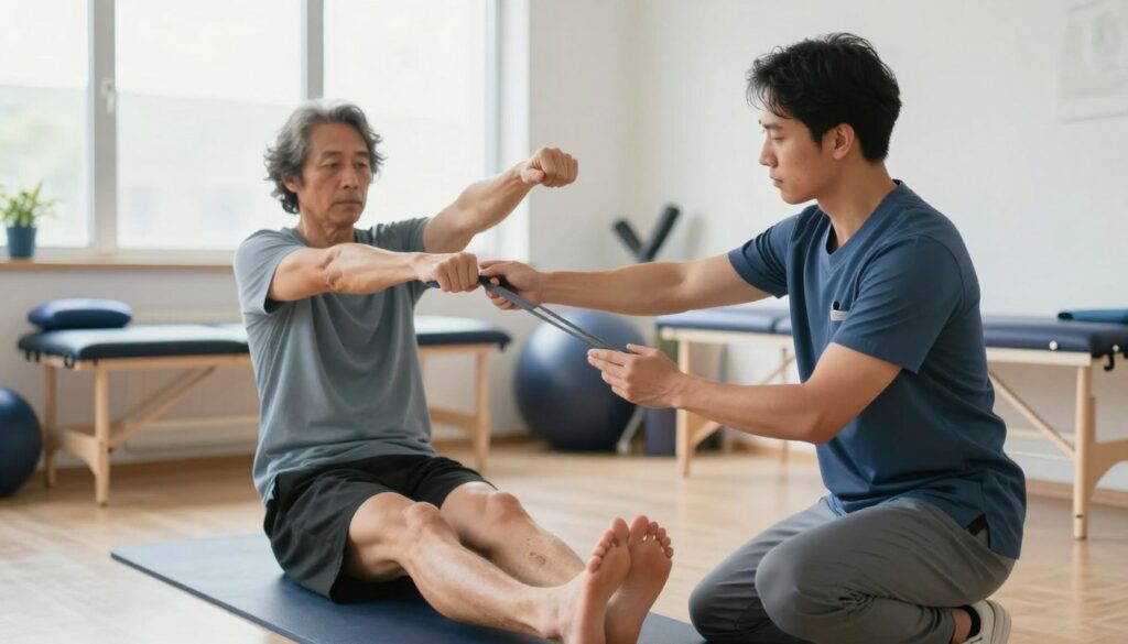 A dedicated physiotherapist conducts rehabilitation exercises for a patient recovering from an Achilles tendon tear. In the foreground, the physiotherapist demonstrates stretching techniques with a focused expression, wearing professional athletic attire. The middle ground features the patient, a middle-aged individual, performing an exercise while using a resistance band, showcasing determination and effort. The background contains a well-equipped rehabilitation clinic with exercise mats and therapy equipment. Soft, natural lighting filters through large windows, creating a healing and uplifting atmosphere. The image conveys a sense of hope and determination, emphasizing the importance of rehabilitation in achieving full recovery and mobility.