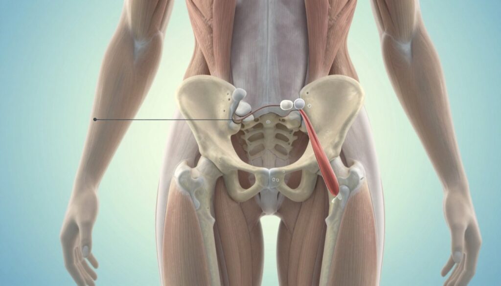 A detailed anatomical illustration focusing on the hip and gluteal area, highlighting the sacroiliac joint and the piriformis muscle. In the foreground, use a side view of a human silhouette wearing professional athletic attire, with the hip and glutes clearly defined to show their structure. In the middle ground, label the sacroiliac joint and piriformis muscle with subtle, clean lines, emphasizing their relationship to the surrounding anatomy. The background should be a soft gradient of soothing colors, such as light blues and greens, creating a calm and informative atmosphere. Use soft, natural lighting to enhance the contours of the body. The overall mood should be educational and professional, suitable for a medical or wellness article.