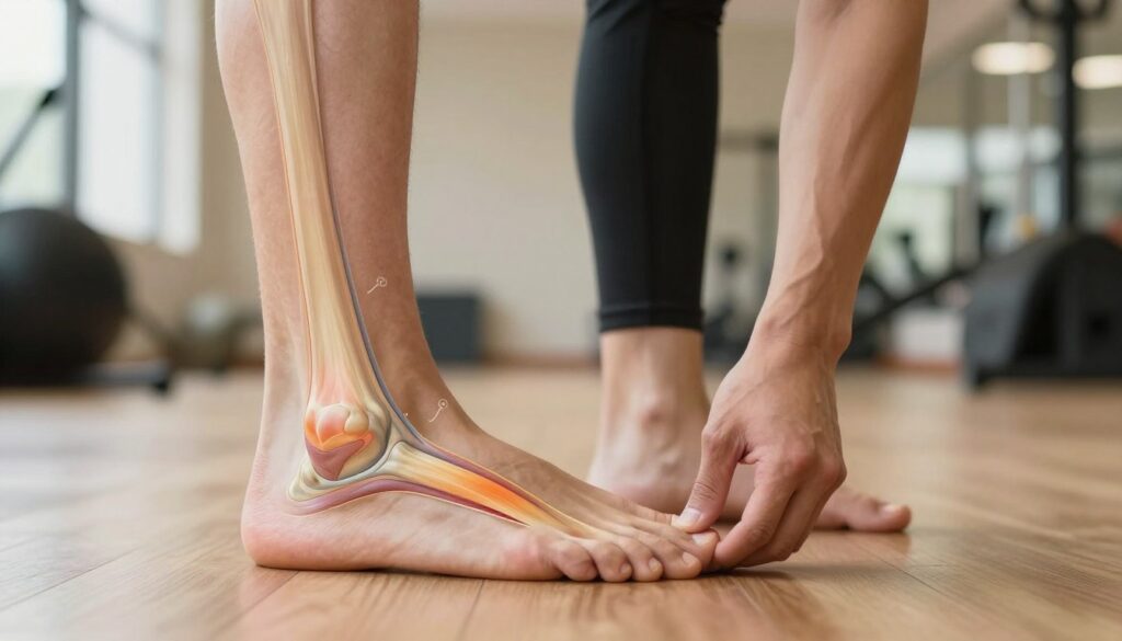 A detailed anatomical illustration highlighting the Achilles tendon, depicted in the foreground with emphasis on its structure, showing signs of contraction and inflammation. Include subtle visual markers indicating overload and strain, such as color changes in the tendon. In the middle ground, feature an athletic individual wearing professional sports attire, demonstrating a stretching or therapeutic exercise focused on the Achilles area. The background should be a softly blurred gym setting, with warm lighting that conveys a sense of focus and determination. The overall mood should be educational and informative, capturing the complexities of Achilles issues while maintaining a professional, clinical atmosphere. No text or overlays present. A detailed anatomical illustration highlighting the Achilles tendon, depicted in the foreground with emphasis on its structure, showing signs of contraction and inflammation. Include subtle visual markers indicating overload and strain, such as color changes in the tendon. In the middle ground, feature an athletic individual wearing professional sports attire, demonstrating a stretching or therapeutic exercise focused on the Achilles area. The background should be a softly blurred gym setting, with warm lighting that conveys a sense of focus and determination. The overall mood should be educational and informative, capturing the complexities of Achilles issues while maintaining a professional, clinical atmosphere. No text or overlays present.