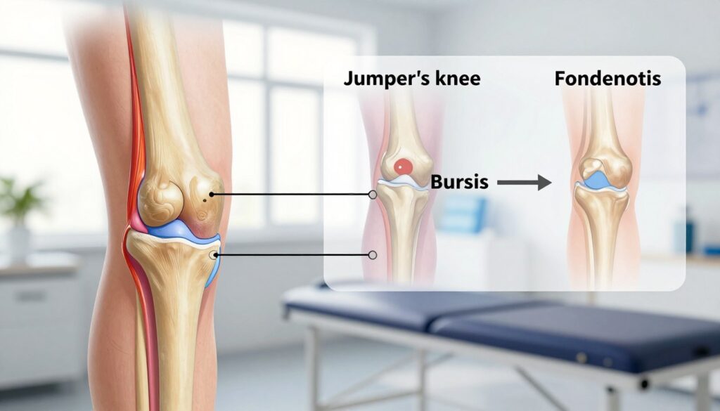 A detailed anatomical illustration highlighting the human knee joint, focusing on distinguishing features of jumper's knee (patellar tendinopathy) from other knee issues. In the foreground, a labeled diagram of the knee with clear annotations for the patellar tendon, quadriceps, and surrounding ligaments, portrayed in vibrant colors for clarity. In the middle ground, an overlay depicting a subtle graphical comparison between jumper’s knee and other common knee problems, such as tendonitis and bursitis, using symbols or arrows. The background should feature a soft-focus medical setting, perhaps a doctor's office or a physiotherapy room, with natural light streaming through a window to create a calm, professional atmosphere. The angle should be slightly tilted to draw the viewer's attention towards the intricacies of the knee anatomy.