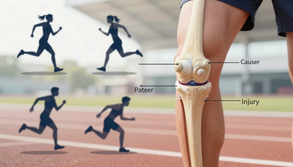 A detailed anatomical illustration of a human knee joint focusing on the patella, showcasing the common causes of patellar injury. In the foreground, depict a stylized knee joint with clear labels pointing to the patella and surrounding ligaments, tendons, and cartilage. In the middle ground, illustrate various dynamic activities that can lead to injury, such as running and jumping, with figures in professional athletic attire. In the background, include a blurred silhouette of a sports environment, like a running track or gymnasium, to set the context for physical activity. Use bright, natural lighting to highlight the anatomical details, with a slight depth of field to create focus on the knee joint while maintaining a professional and educational atmosphere.