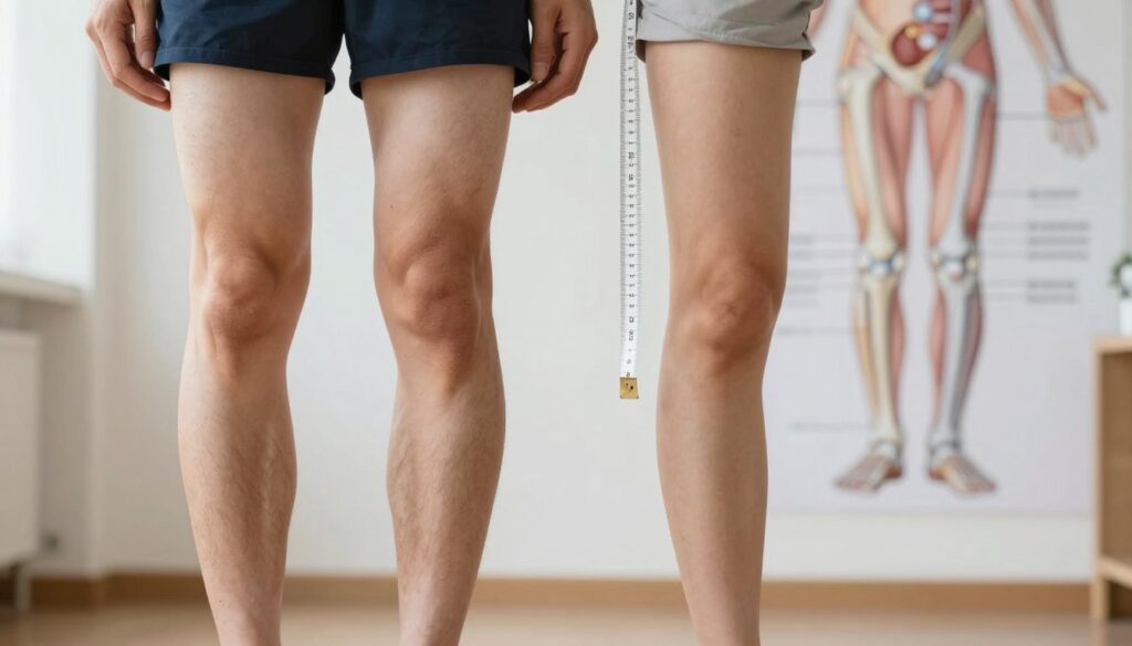 A detailed, anatomical illustration of a pair of adult legs showing bow-leggedness (vara) condition. The foreground features a close-up view of the knees, highlighting the misalignment and curvature associated with varus deformity. The middle ground includes a measuring tape positioned along the legs to signify measurement techniques, emphasizing key areas of concern. In the background, a soft-focus anatomical diagram points out ligaments and joint structures related to the condition. Natural light illuminates the scene, creating a neutral, clinical atmosphere. The mood is educational and professional, making the viewer aware of the importance of assessing bow-leggedness through simple measurements. The subjects are depicted wearing modest athletic wear to maintain professionalism.