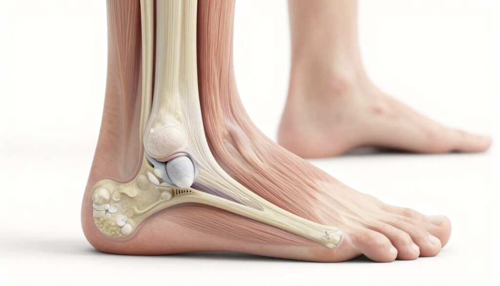 A detailed anatomical illustration of the Achilles tendon, depicting its structure and function. In the foreground, a close-up view of the tendon connected to the calf muscle, highlighting its fibrous texture and anatomy. The middle ground features a subtle cross-section showing the tendon’s connection to the heel bone, while the background displays a soft-focus image of a human foot in a neutral position, emphasizing the tendon’s location. The lighting is soft and diffused, creating a clinical yet inviting atmosphere, suitable for educational purposes. The color palette is muted with shades of beige and soft white, maintaining a professional tone. The overall mood is informative and focused, aimed at enhancing understanding of the Achilles tendon and potential tightness issues.