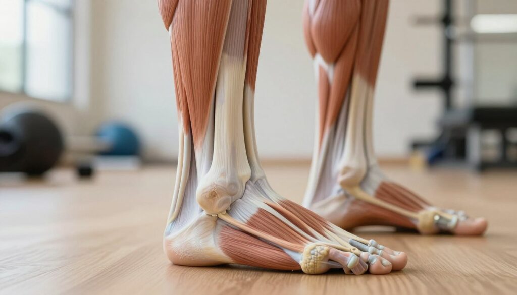 A detailed anatomical illustration of the Achilles tendon, showcasing its structure and relationship to surrounding muscles. The foreground features a close-up view of the Achilles tendon, clearly highlighting its fibrous texture and connection to the heel and calf muscles. In the middle ground, display the lower leg muscles, emphasizing the gastrocnemius and soleus. The background can depict a subtle blurred gym environment, suggesting a space for exercise and rehabilitation. Use soft, diffused lighting to create an educational and clinical atmosphere, highlighting the anatomical details. The image should be realistic and informative, emphasizing the significance of the Achilles tendon in mobility and potential for strain. No captions or additional text are included to maintain focus on the anatomy. A detailed anatomical illustration of the Achilles tendon, showcasing its structure and relationship to surrounding muscles. The foreground features a close-up view of the Achilles tendon, clearly highlighting its fibrous texture and connection to the heel and calf muscles. In the middle ground, display the lower leg muscles, emphasizing the gastrocnemius and soleus. The background can depict a subtle blurred gym environment, suggesting a space for exercise and rehabilitation. Use soft, diffused lighting to create an educational and clinical atmosphere, highlighting the anatomical details. The image should be realistic and informative, emphasizing the significance of the Achilles tendon in mobility and potential for strain. No captions or additional text are included to maintain focus on the anatomy.