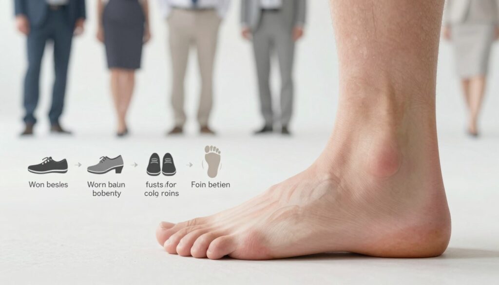 A detailed anatomical illustration showcasing the causes of transverse flatfoot deformity. In the foreground, display a realistic, medically accurate human foot in a neutral position, highlighting the arch structure. The middle layer should depict common risk factors, such as worn-out shoes, obesity, standing for long periods, and foot-related conditions, visually represented with clear icons or labels. In the background, include subtle silhouettes of individuals walking, representing a diverse group in professional attire, illustrating the everyday impact of flatfoot without focusing on individual features. Use soft, natural lighting to create a clinical yet approachable atmosphere, capturing an educational tone. The angle should emphasize the foot's arch while providing a comprehensive view of the surrounding elements relevant to foot health.