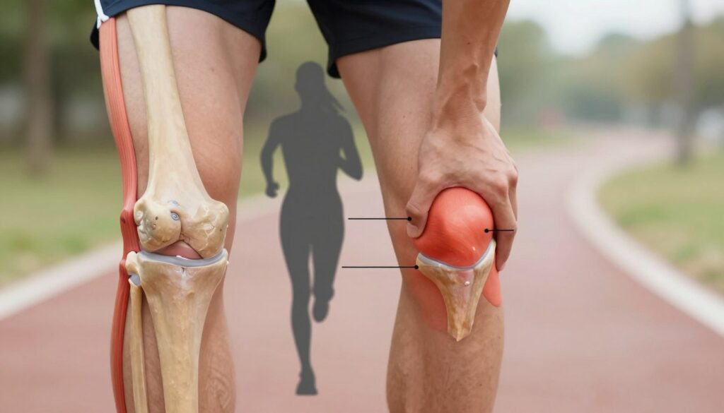 A detailed anatomical illustration showcasing the iliotibial band (IT band) and its relation to the outer knee region. The foreground features a close-up view of the knee joint, highlighting the iliotibial band that runs along the outer thigh to the knee. Add markers to indicate areas of potential discomfort, particularly on the outer side of the knee. In the middle ground, include a human silhouette in modest athletic attire demonstrating a running pose, reinforcing the theme of runner's knee pain. The background should depict a blurred running trail in soft, diffused daylight to create a calm, educational atmosphere. Use natural lighting to emphasize the anatomical details, maintaining a clear focus on the IT band while ensuring a professional and informative look throughout. A detailed anatomical illustration showcasing the iliotibial band (IT band) and its relation to the outer knee region. The foreground features a close-up view of the knee joint, highlighting the iliotibial band that runs along the outer thigh to the knee. Add markers to indicate areas of potential discomfort, particularly on the outer side of the knee. In the middle ground, include a human silhouette in modest athletic attire demonstrating a running pose, reinforcing the theme of runner's knee pain. The background should depict a blurred running trail in soft, diffused daylight to create a calm, educational atmosphere. Use natural lighting to emphasize the anatomical details, maintaining a clear focus on the IT band while ensuring a professional and informative look throughout.