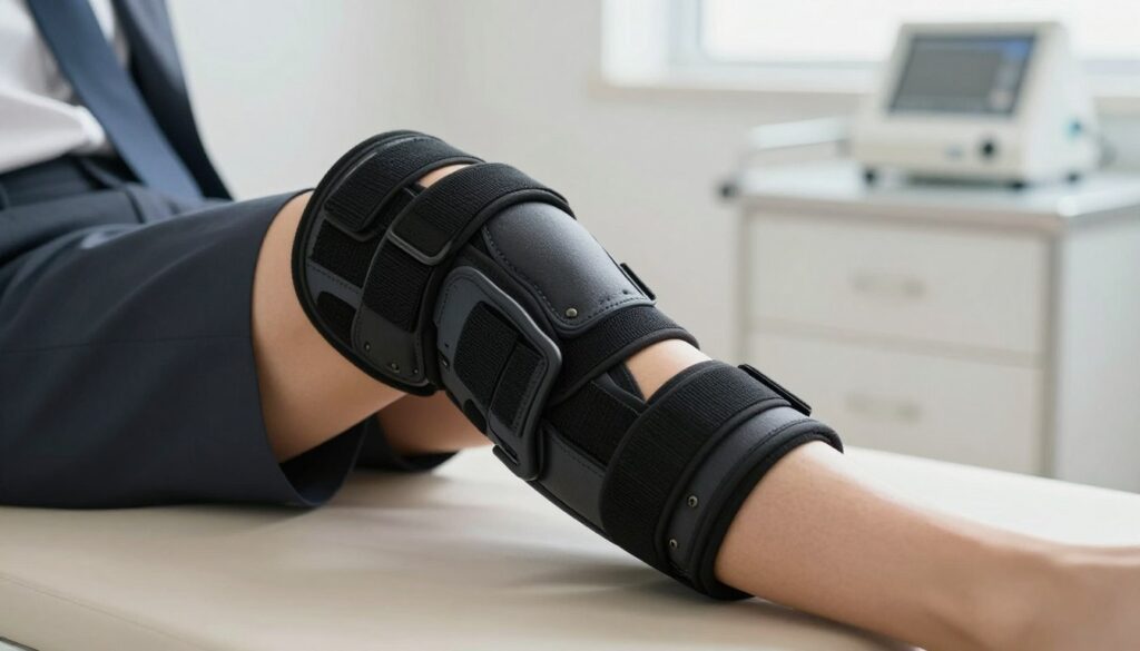 A detailed and realistic depiction of a knee brace, specifically designed for immobilization and support of the knee joint, placed on a soft, neutral-toned surface. In the foreground, focus on the braces' adjustable straps and padded interior, showcasing its ergonomic design. In the middle ground, display a partially visible human leg, wearing professional business attire, demonstrating how the brace is securely fitted around the knee. In the background, include a softly blurred clinical setting, with medical equipment subtly visible to enhance the context. Utilize soft, natural lighting to create a clinical and informative atmosphere. The overall mood should be professional, emphasizing the practical and supportive nature of the product without distractions.