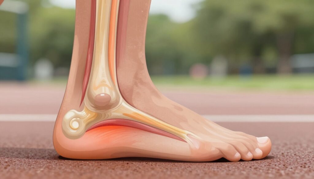 A detailed close-up illustration of the Achilles tendon area, showcasing the anatomical structure of the tendon connecting to the heel. The foreground should highlight the tendon with a focus on any visible signs of inflammation or tension, using vivid colors to depict pain and symptoms. In the middle ground, include a stylized representation of the foot in motion, portraying a slight strain while running to emphasize the area of discomfort. The background should consist of a soft-focus gym environment or a natural park to suggest a training setting. The lighting should be bright and clinical, enhancing the details of the anatomy. The overall mood should convey a sense of awareness and caution regarding Achilles tendon health, ensuring a professional and educational atmosphere without any text or overlays.