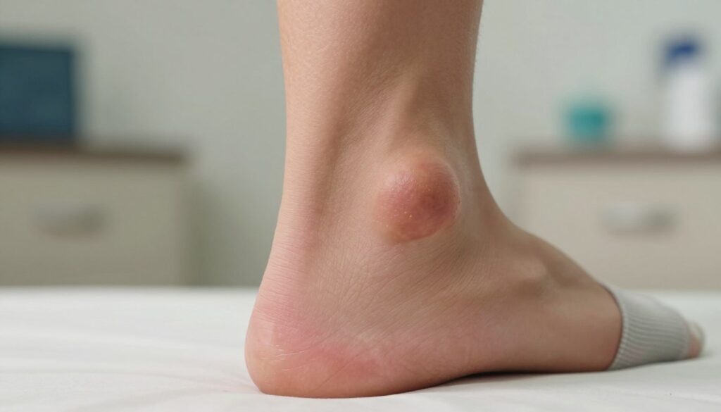 A detailed close-up of a human foot, showcasing a prominent Ledderhose's disease nodule on the sole, with the foot in a neutral position. The skin texture is realistic, highlighting the raised, firm lump beneath the surface, surrounded by slightly reddened skin to indicate inflammation. The foot is clad in a simple, modest sock, ensuring a professional appearance. In the background, softly blurred elements of a clinical environment, like a doctor's office or healthcare setting, subtly evoke a medical theme. Warm, natural lighting casts gentle shadows, enhancing the focus on the nodule while evoking a calm atmosphere. The image conveys a sense of professionalism and awareness without any distractions. A detailed close-up of a human foot, showcasing a prominent Ledderhose's disease nodule on the sole, with the foot in a neutral position. The skin texture is realistic, highlighting the raised, firm lump beneath the surface, surrounded by slightly reddened skin to indicate inflammation. The foot is clad in a simple, modest sock, ensuring a professional appearance. In the background, softly blurred elements of a clinical environment, like a doctor's office or healthcare setting, subtly evoke a medical theme. Warm, natural lighting casts gentle shadows, enhancing the focus on the nodule while evoking a calm atmosphere. The image conveys a sense of professionalism and awareness without any distractions.