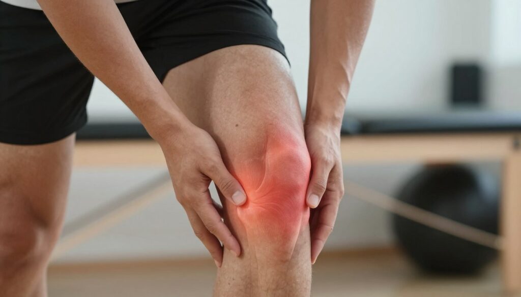 A detailed close-up of a human knee joint showing signs of overuse or strain, with subtle redness and swelling around the kneecap. The individual, dressed in professional athletic attire, is depicted in a neutral, unobtrusive setting, emphasizing the knee's condition. The lighting is soft yet focused, illuminating the joint to highlight the inflamed tissues and surrounding muscles. A blurred background features an abstract representation of a physical therapy space, enhancing the theme of recovery and healing. The mood reflects a sense of concern and introspection, capturing the complexity of micro-injuries, while maintaining a clinical and informative atmosphere.