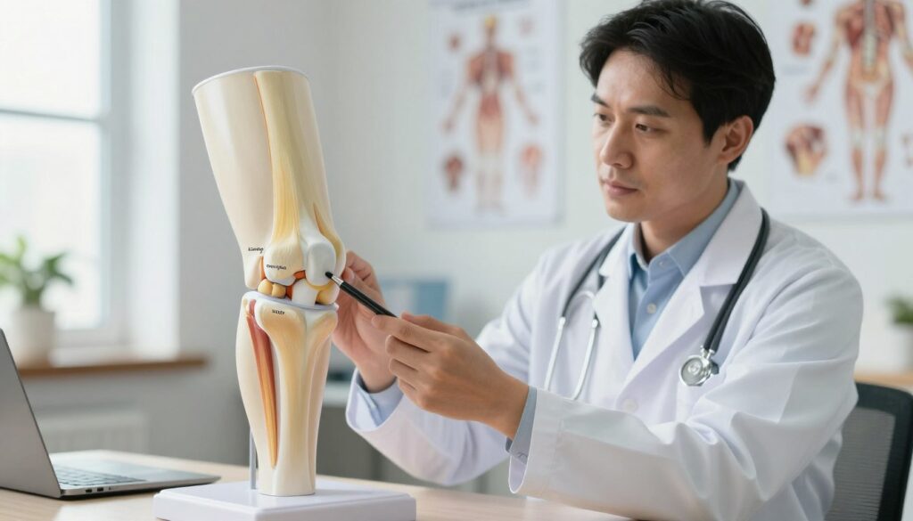 A detailed illustration depicting a knee joint in a clinical setting, focusing on the concept of "knee sprain" severity levels. In the foreground, an anatomical model of a knee anatomical diagram shows the ligaments and cartilage clearly labeled. In the middle ground, a healthcare professional, dressed in a white lab coat, examines the model with a look of concentration, using a pen to point out the specific areas affected by different degrees of sprain. The background should feature a softly blurred medical office with anatomical charts on the walls and natural light filtering through a window, creating a professional and calm atmosphere. The overall mood should convey both seriousness and hope, emphasizing the importance of understanding knee injuries and their implications for recovery.