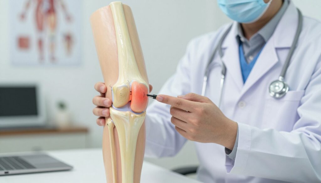 A detailed illustration focusing on knee joint cartilage damage symptoms, featuring a close-up view of a human knee in a clinical environment. The foreground includes an anatomical model of the knee showing damaged cartilage, highlighted with labels indicating areas of concern. In the middle ground, a physician in professional attire examines the knee, using a pen to point out specific symptoms like swelling, redness, and limited mobility. The background features a medical office with anatomical charts and diagnostic tools, softly lit to create a clinical yet inviting atmosphere. Use a shallow depth of field to emphasize the knee and the doctor's assessment, capturing the mood of professionalism and concern for patient health. The composition should be clear, informative, and engaging, avoiding any text or distractions.