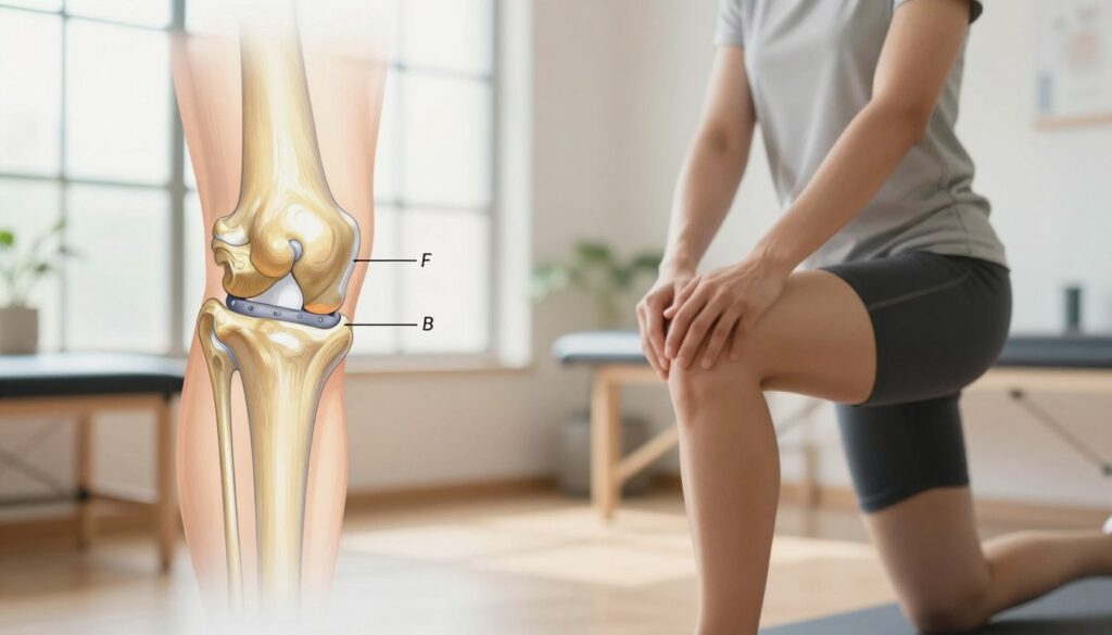 A detailed illustration of a healthy knee joint, emphasizing the anatomical structure and the surrounding musculature. In the foreground, showcase a clear, labeled diagram of the knee joint, highlighting key components like the patella, ligaments, and cartilage. The middle ground features a slightly blurred image of a person in professional athletic attire performing a knee rehabilitation exercise, demonstrating proper technique. The background includes a serene physical therapy setting, with soft, natural lighting filtering through large windows, creating a calming atmosphere. Use a slightly elevated angle to add depth, and ensure the colors are warm and inviting, conveying a sense of hope and recovery. The image should focus solely on the knee joint and rehabilitation context, with no distractions or unrelated elements. A detailed illustration of a healthy knee joint, emphasizing the anatomical structure and the surrounding musculature. In the foreground, showcase a clear, labeled diagram of the knee joint, highlighting key components like the patella, ligaments, and cartilage. The middle ground features a slightly blurred image of a person in professional athletic attire performing a knee rehabilitation exercise, demonstrating proper technique. The background includes a serene physical therapy setting, with soft, natural lighting filtering through large windows, creating a calming atmosphere. Use a slightly elevated angle to add depth, and ensure the colors are warm and inviting, conveying a sense of hope and recovery. The image should focus solely on the knee joint and rehabilitation context, with no distractions or unrelated elements.