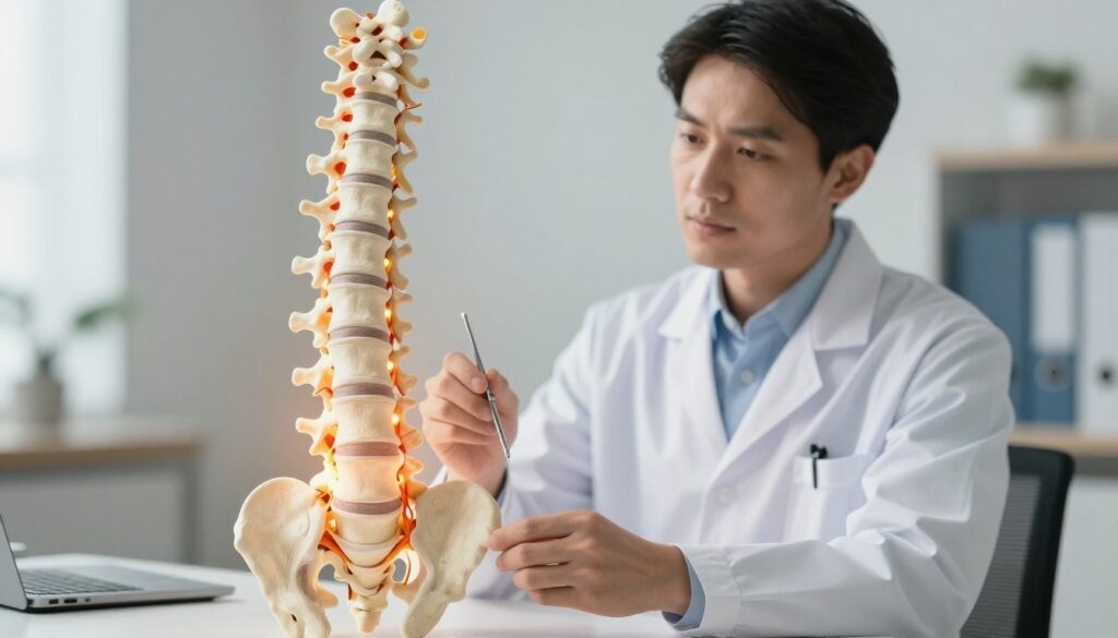 A detailed illustration of a human spine in a clinical setting, highlighting the lumbar region. The foreground features a highly detailed, anatomically correct spine, emphasizing vertebrae and nerve pathways, with a focus on the lower back. In the middle ground, a professional figure dressed in a white lab coat examines the spine with a medical tool, showcasing a thoughtful expression. The background presents a softly blurred medical office environment with neutral tones that convey a sense of calm and professionalism. Soft, natural lighting illuminates the scene, with a warm glow highlighting the spine's curves. The overall mood is informative and serious, capturing the essence of spinal health and its relationship to leg pain.