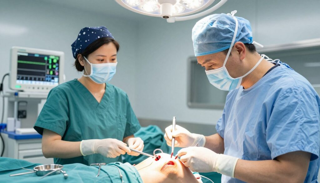 A detailed illustration of a knee arthroscopy procedure in a hospital setting, showcasing medical professionals in professional attire working together. In the foreground, a surgeon, focused and precise, is performing arthroscopy on a patient's knee, the knee joint intricately displayed with surgical instruments nearby. In the middle ground, a nurse prepares equipment while observing the procedure, highlighting the collaborative effort in the operating room. The background features medical devices and monitors displaying vital signs, with sterile, bright lighting illuminating the scene, creating a clean and professional atmosphere. The image captures the essence of a surgical environment, emphasizing teamwork and the technical precision involved in knee arthroscopy.