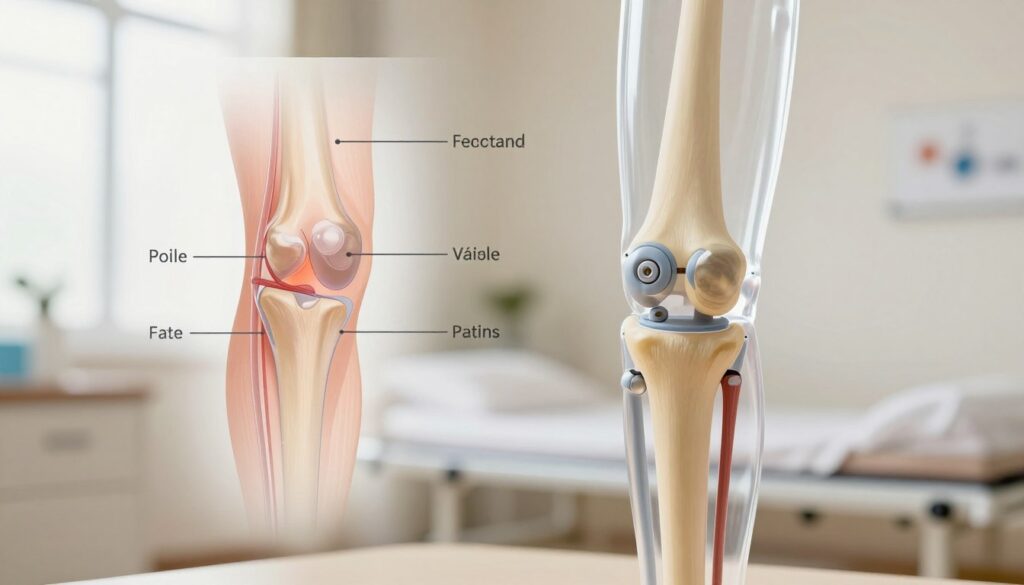 A detailed illustration of a knee joint post knee replacement surgery. In the foreground, focus on a transparent anatomical model of a knee, showing the prosthetic components clearly, with labels indicating the femur, tibia, patella, and the artificial joint. The middle ground should depict a semi-transparent overlay diagram highlighting swelling, tendons, and ligaments around the joint, emphasizing the recovery process. In the background, a medical setting with soothing lighting and a soft color palette that conveys a sense of calm. The image should evoke a professional and informative atmosphere, suitable for a medical article, with no human figures or distracting elements. Use a slight low-angle shot to enhance focus on the knee joint model, while ensuring clear visibility of all parts.