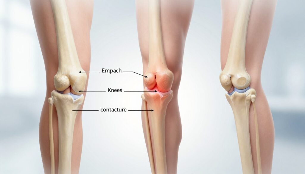 A detailed illustration of a knee joint with a focus on its anatomy, highlighting the common causes of knee joint contracture. In the foreground, depict a healthy knee structure on one side, clearly labeled parts such as ligaments, tendons, and cartilage. In the middle, show a contrasting knee showing signs of contracture, with arrows indicating areas of tightness or inflammation. The background should feature a soft gradient, evoking a clinical environment. Use soft lighting to enhance visibility on both knee models, and an angle that allows for a clear view of the joint’s movement. The mood should be educational and informative, suitable for a medical article. Avoid any text or overlays.