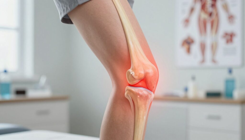 A detailed illustration of an inflamed human knee joint, emphasizing the swollen areas and redness. In the foreground, a close-up of a model's knee, showing anatomical details such as ligaments and joint fluid, with a focus on the area around the kneecap. In the middle ground, a subtle gradient illustrating pain radiating from the joint, perhaps with a glowing effect to convey inflammation. The background should be softly blurred, featuring a clinical environment, suggesting a doctor's office or medical setting with anatomical charts and medical instruments. Use soft, natural lighting to create an atmosphere of care and professionalism, captured from a slight angle to enhance depth and realism.