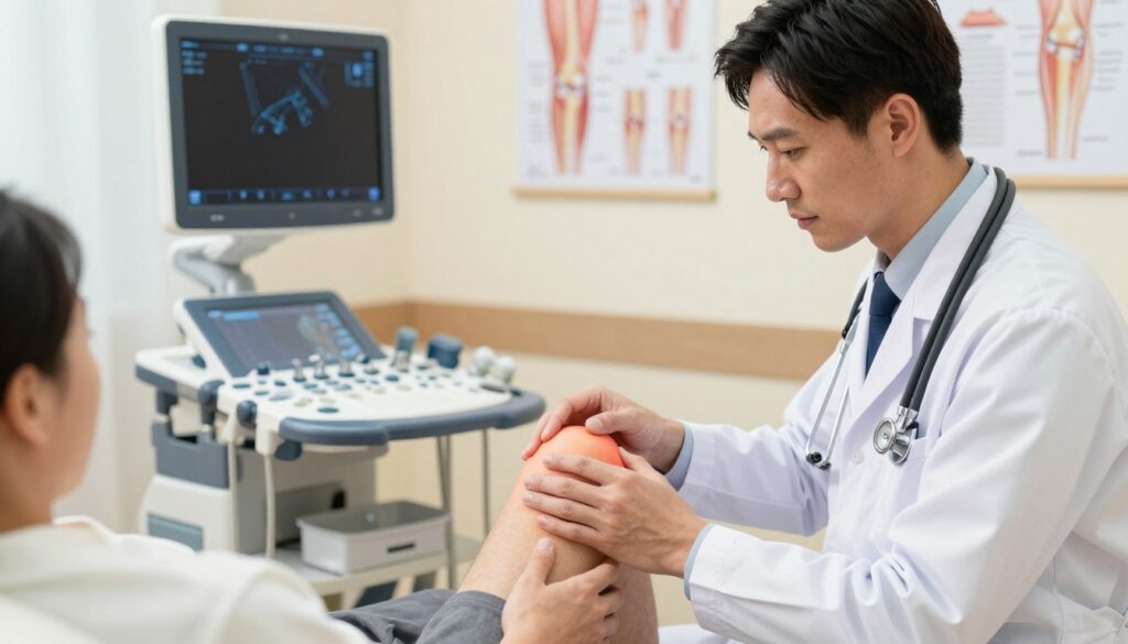 A detailed illustration of knee diagnostics, showcasing a professional healthcare setting. In the foreground, a physician in a white coat, wearing a stethoscope, examines a patient’s knee, noting signs of pain and swelling. The middle ground includes diagnostic tools such as an ultrasound machine and charts depicting knee anatomy. The background features a softly lit clinic room with medical posters illustrating knee conditions. The lighting is bright yet warm, creating an inviting atmosphere. The angle is slightly above eye level, allowing a clear view of the interactions and tools used in the diagnostic process. The mood is focused and clinical, emphasizing the importance of accurate assessment in knee injuries. A detailed illustration of knee diagnostics, showcasing a professional healthcare setting. In the foreground, a physician in a white coat, wearing a stethoscope, examines a patient’s knee, noting signs of pain and swelling. The middle ground includes diagnostic tools such as an ultrasound machine and charts depicting knee anatomy. The background features a softly lit clinic room with medical posters illustrating knee conditions. The lighting is bright yet warm, creating an inviting atmosphere. The angle is slightly above eye level, allowing a clear view of the interactions and tools used in the diagnostic process. The mood is focused and clinical, emphasizing the importance of accurate assessment in knee injuries.
