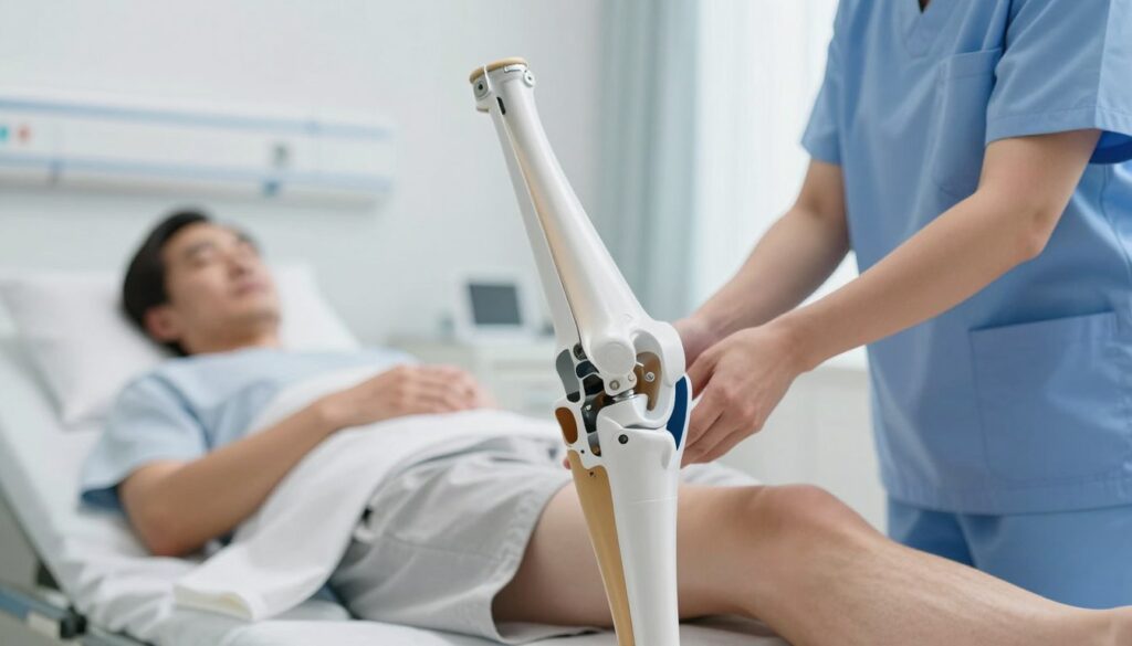 A detailed image depicting a knee prosthesis in a clinical setting, focusing on the implant's intricate design. In the foreground, showcase a close-up of the knee joint with the prosthetic device clearly visible, emphasizing metal and durable materials. In the middle ground, include a blurred caregiver assisting a patient, both dressed in professional attire, demonstrating post-operative rehabilitation. The background should feature a well-lit hospital room, with soft lighting enhancing a clean and sterile environment. Capture a sense of hope and recovery, showcasing the journey of healing after knee surgery. Use a slightly angled perspective to provide depth, ensuring the image is both informative and inspiring.