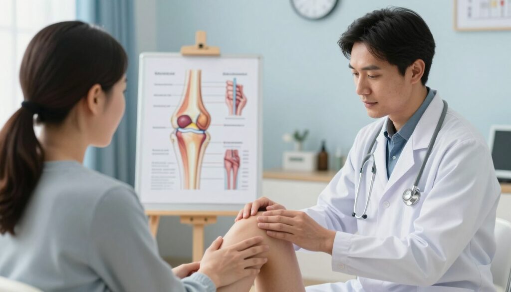 A detailed medical consultation scene focused on knee treatment methods. In the foreground, a compassionate doctor in professional attire examines a patient’s knee, highlighting both a physical assessment and empathy. The middle ground features anatomical illustrations of a knee joint, showing cartilage and the synovial fluid works along with medical charts outlining treatment methods, like physical therapy and joint injections. The background showcases a well-lit clinic, with calming colors like soft blues and whites, creating a healing atmosphere. Soft, diffuse lighting adds warmth, while a wide lens captures the entire scene, emphasizing the connection between patient and doctor. The mood is one of hope and professional care, illustrating the importance of timely medical consultation in joint health.