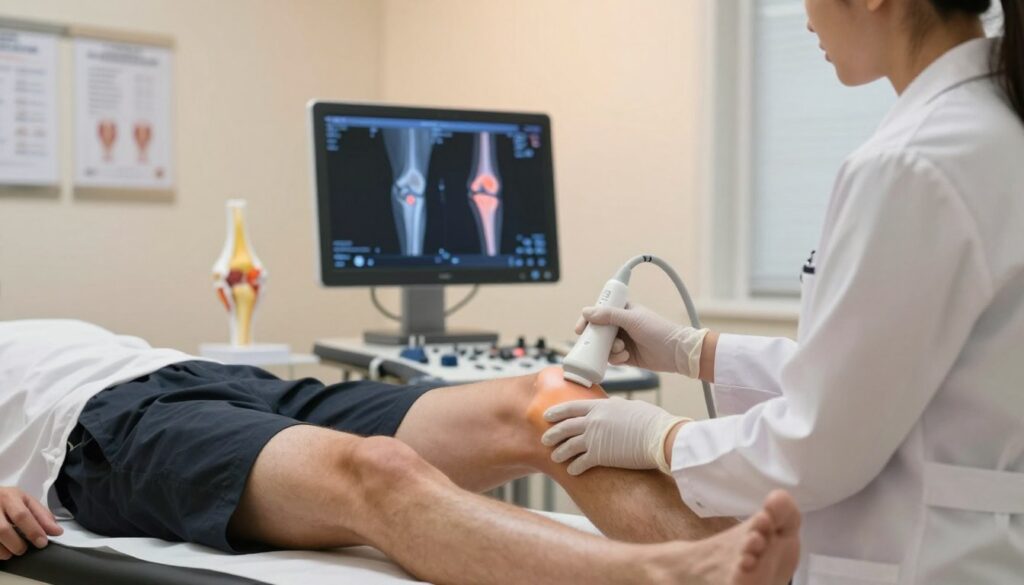 A detailed medical examination of a knee joint in a clinical setting. In the foreground, a healthcare professional, dressed in a white lab coat and safety gloves, is using an ultrasound device on a patient’s knee, which is flexed and positioned comfortably on an examination table. In the middle, diagnostic images of the knee are visible on a monitor, displaying structures like ligaments and cartilage. The background features a well-lit, modern clinic with medical charts and anatomical models of the knee. The atmosphere conveys professionalism and a sense of care, highlighting the importance of knee examinations for diagnosing inflammation versus overload. The lighting is warm and inviting, emphasizing the clinical environment while maintaining clarity in the details of the examination. A detailed medical examination of a knee joint in a clinical setting. In the foreground, a healthcare professional, dressed in a white lab coat and safety gloves, is using an ultrasound device on a patient’s knee, which is flexed and positioned comfortably on an examination table. In the middle, diagnostic images of the knee are visible on a monitor, displaying structures like ligaments and cartilage. The background features a well-lit, modern clinic with medical charts and anatomical models of the knee. The atmosphere conveys professionalism and a sense of care, highlighting the importance of knee examinations for diagnosing inflammation versus overload. The lighting is warm and inviting, emphasizing the clinical environment while maintaining clarity in the details of the examination.